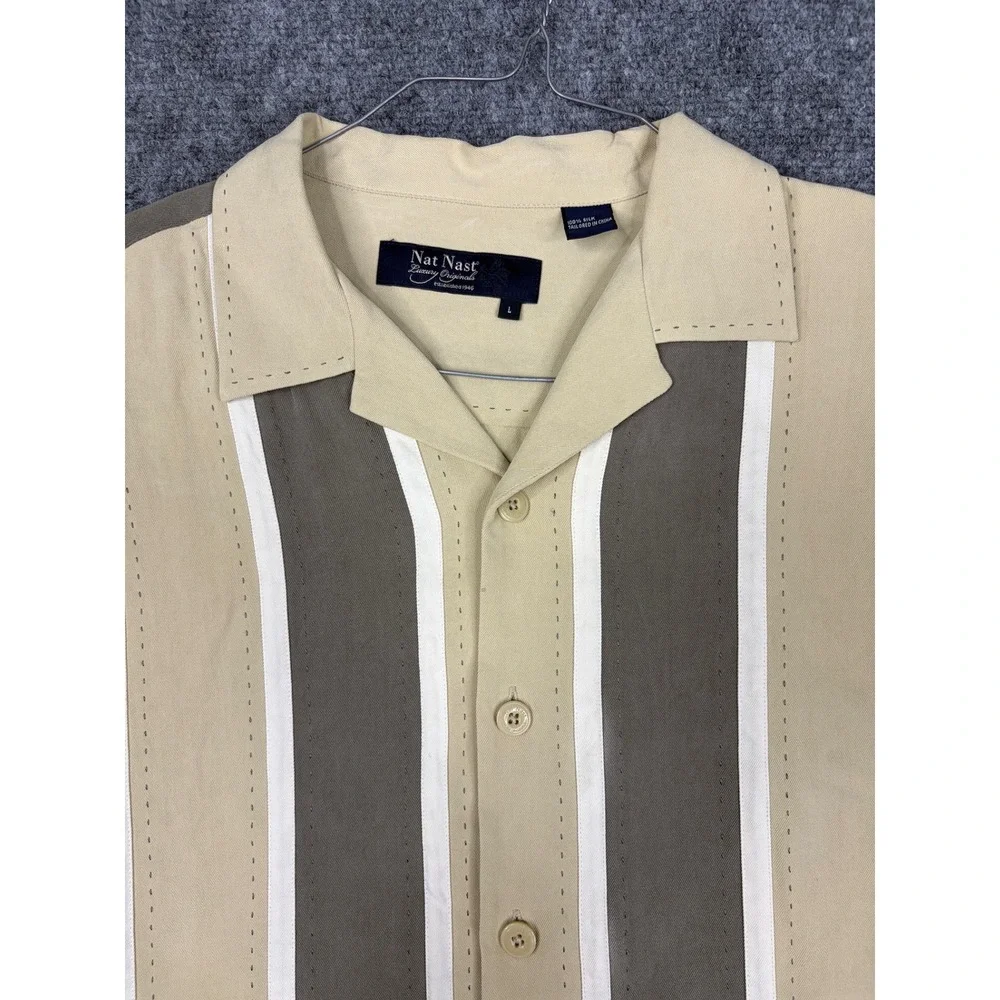 Nat Nast Luxury Originals 100% Silk Short Sleeve Bowling Shirt Tan Brown Mens L